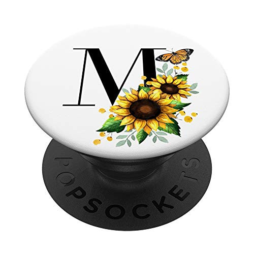 Sunflowers With Butterfly Yellow Watercolor White Letter M PopSockets PopGrip- Swappable Grip for Phones  and  Tablets