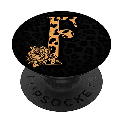 Cute Cheetah Print Letter F Leopard Cheetah Black PopSockets PopGrip- Swappable Grip for Phones  and  Tablets