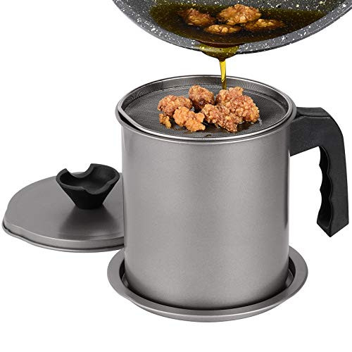 Bacon Grease Container - VONIKI Bacon Grease Container with Strainer Stainless Steel Oil Filter Pot Kitchen Strainer Fat Separator Cooking Oil Container Oil Strainer Storage Can Grey 1.4L