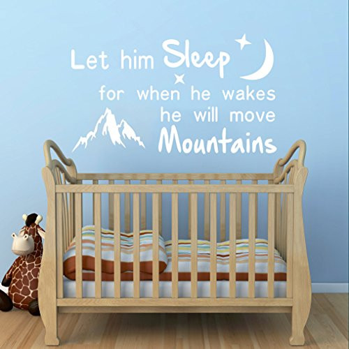 Wall Decal Decor Let Him Sleep For When He Wakes He Will Move Mountains - Baby Crib Wall Decor Nursery Kids Boys Room Wall Decal Quote (White, 27"h x46"w)