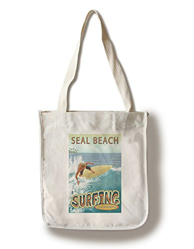 Lantern Press Seal Beach California Surfer Tropical -100 percent Cotton Tote Bag Reusable-