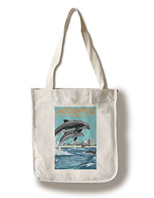 Lantern Press Jacksonville Florida Jumping Dolphins -100 percent Cotton Tote Bag Reusable-