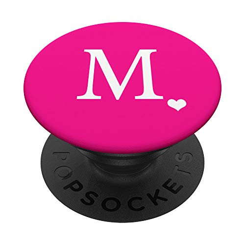White Initial Letter M heart Monogram on Hot Pink PopSockets PopGrip- Swappable Grip for Phones  and  Tablets