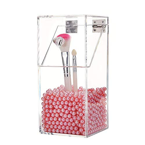 YEEGG Clear Cosmetic Brush Organizer,Acrylic Brush Holder with Lid,Dustproof Makeup Brush Holder with Free Pearls for Vanity Counter-top (Pink Pearls)