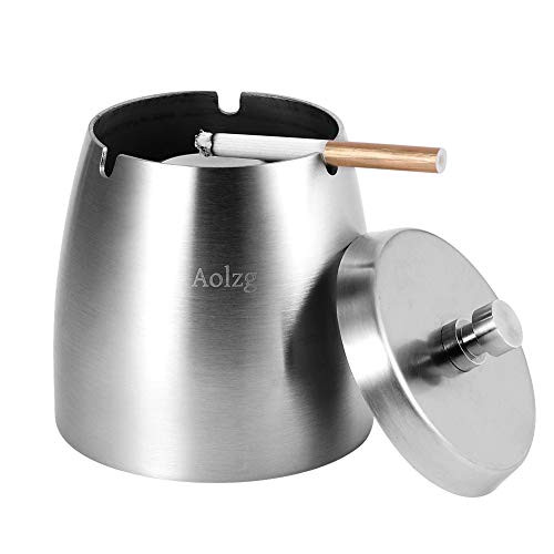Outdoor Cigarette Ashtray Stainless Steel Indoor-Outdoor Ashtray with Lid for Cigarettes Windproof Cigarette Ash Tray for Patio Home  and  Office Outdoors Ashtrays for Cigar Smokers Silver -Large-