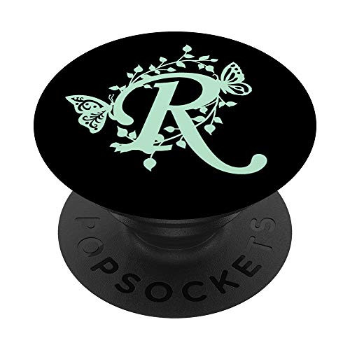 Black Mint Green Butterfly Letter R Initial Monogram PopSockets PopGrip- Swappable Grip for Phones  and  Tablets