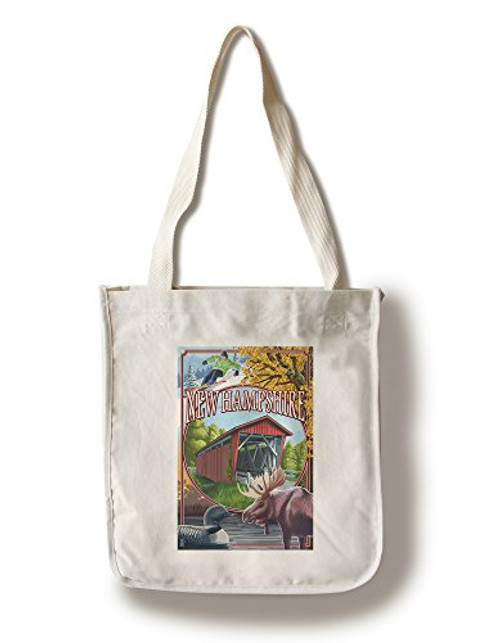 Lantern Press New Hampshire Montage Scenes with Covered Bridge -100 percent Cotton Tote Bag Reusable-