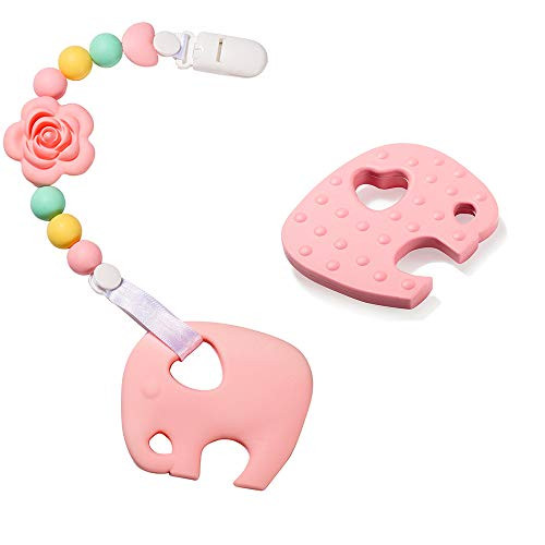 Silicone Pacifier Clip, BPA Free Silicone Use with Any Pacifier or Teether Pacifier Clip Silicone Binky & Soothie Holder with Teether(Girl's-Pink)