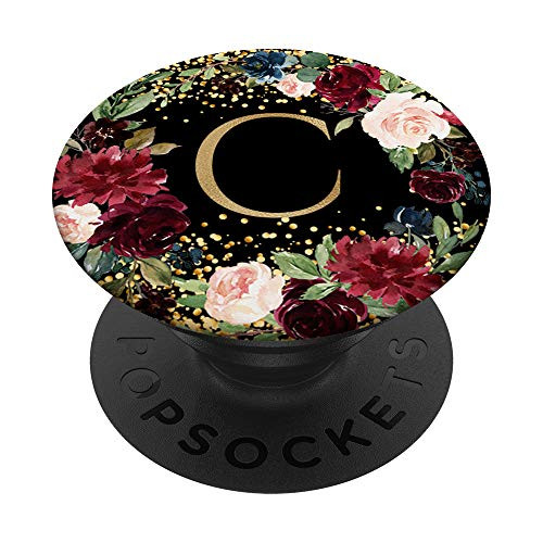 Initial Letter C Black Burgundy Red Floral Wreath Monogram PopSockets PopGrip- Swappable Grip for Phones  and  Tablets
