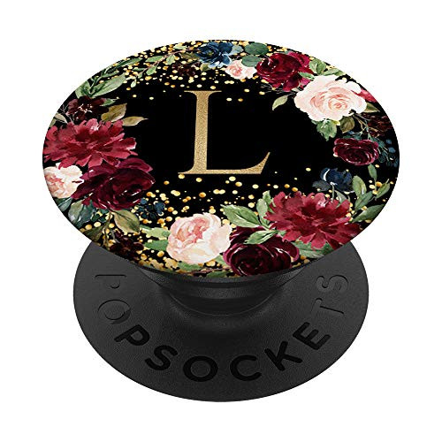 Initial Letter L Black Burgundy Red Floral Wreath Monogram PopSockets PopGrip- Swappable Grip for Phones  and  Tablets