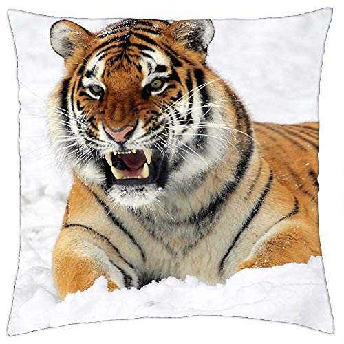 LESGAULEST Throw Pillow Cover -18x18 inch- - Tiger Snow Growling Zoo Big Cat Feline Winter