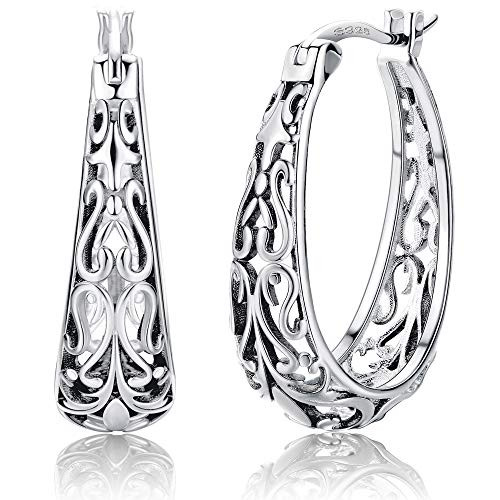 Fiasaso Oxidized 925 Sterling Silver Filigree Hoop Earrings for Women Vintage White Gold Plated Oval Hoop Earrings Fiasaso Oxidized 925 Sterling Silver Filigree Hoop Earrings for Women Vintage White Gold Plated Oval Hoop Earrings