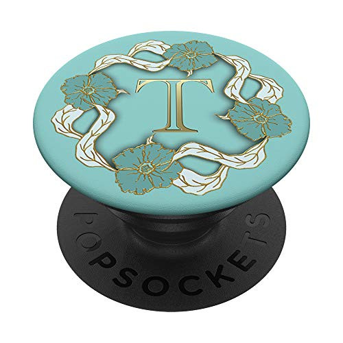 Letter T Initial Monogram Alphabet Golden Teal Monogram PopSockets Grip and Stand for Phones and Tablets