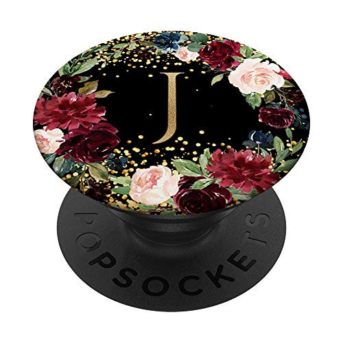 Initial Letter J Black Burgundy Red Floral Wreath Monogram PopSockets PopGrip- Swappable Grip for Phones  and  Tablets