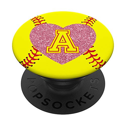 Initial A Letter Monogram on Rose Pink Heart Gift - Softball PopSockets PopGrip- Swappable Grip for Phones  and  Tablets