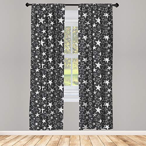 Ambesonne Star Window Curtains Greyscale Illustration Chalk Design Hand Drawn 5 Pointed Geometric Shapes Lightweight Decorative Panels Set of 2 with Rod Pocket 56" x 63" Charcoal Grey White