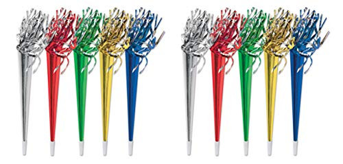Beistle 10 Piece Metallic Plastic Tasseled Trumpets Noisemakers With Fringe - New Years Eve Party Favors 25" Blue-Green-Gold-Red-Silver