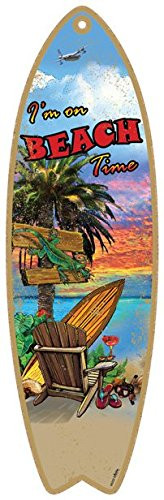 SJT ENTERPRISES, INC. I'm on Beach Time 5" x 16" Surfboard Wood Plaque Featuring The Artwork of Michael Messina (SJT96202)