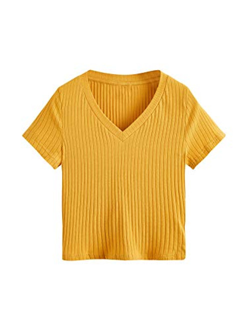 SweatyRocks Women's Basic Short Sleeve V Neck Ribbed Knit Crop Top Tee Shirt Golden Yellow XL