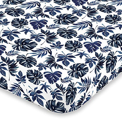 NoJo Super Soft Blue & White Palm Leaf Nursery Mini Crib Fitted Sheet, Navy, White NoJo Super Soft Blue & White Palm Leaf Nursery Mini Crib Fitted Sheet, Navy, White