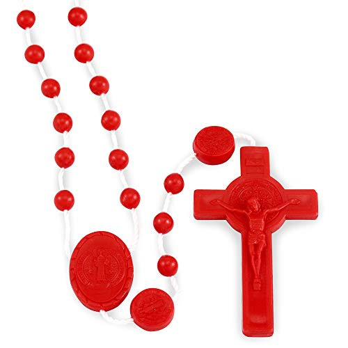 Red Plastic Rosaries St. Benedict Cross and Medals - Pack of 25 Rosaries - Made in Italy of Food Grade Nylon