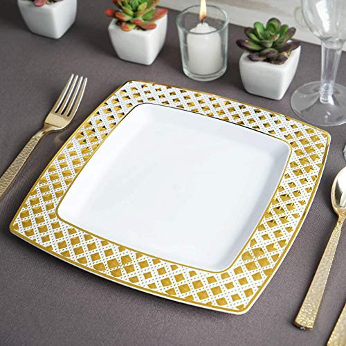 Tableclothsfactory 10 Pack Disposable Square Plates - Dinner Plates - 9" - Gold  and  White - Diamond Rims