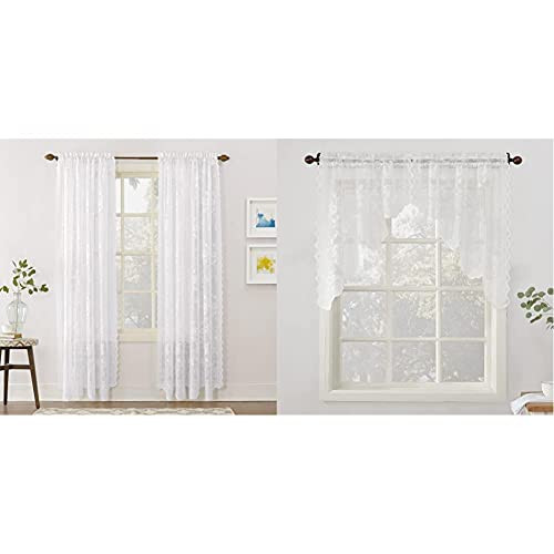 No. 918 24517 Alison Floral Lace Sheer Rod Pocket Curtain Panel 58" x 63" White  and  Alison Sheer Lace Kitchen Curtain Swag Pair 58" x 38" White