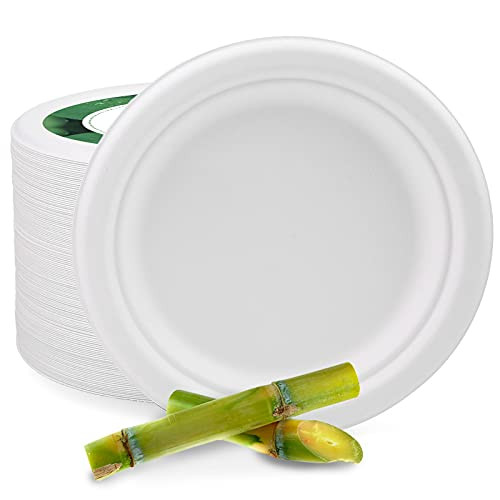 7 Inch Disposable Sugarcane Paper Plates Alternative Compostable Paper Plates Natural Disposable Bagasse Plate Eco-friendly Paper Plates Heavy-Duty Plates for Dinner Party Birthday -130-Pack-
