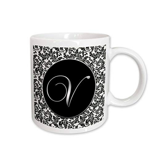 3dRose Letter V Black and White Damask Ceramic Mug 11-Ounce