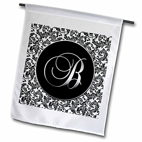 3dRose Letter B - Black  and  White Damask - Garden Flag 12 by 18"