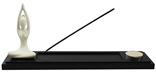 Seraphic Black Wood Incense Burner Holder Tray with Yoga Mountain Pose Figurine