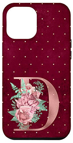 iPhone 12 Pro Max Burgundy floral Initial Letter D monogram pink flowers Case