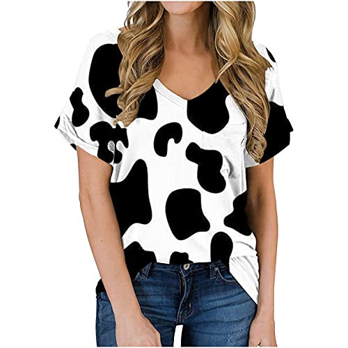 Womens TopsWomens Short Sleeve Casual Printed Plus Size Summer Tops Sexy V-Neck Loose Tshirts Blouse Graphic Tees Black