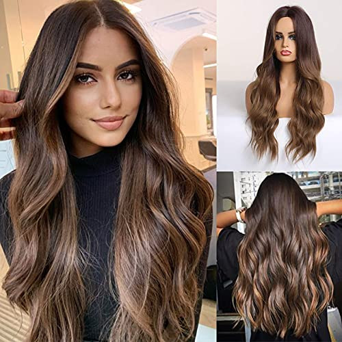 HAIRCUBE Long Ombre Brown Hair Wig for Women Synthetic Curly Hair Wig Middle Parting 26" HAIRCUBE Long Ombre Brown Hair Wig for Women Synthetic Curly Hair Wig Middle Parting 26"