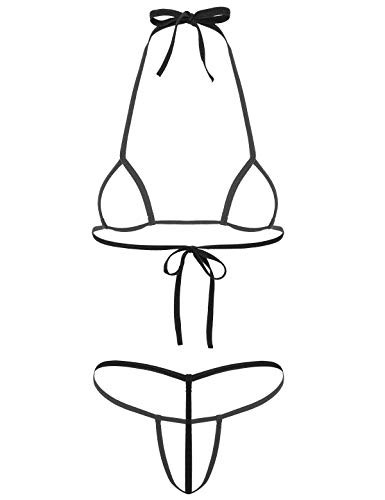 Yeahdor Women's Hollow Out Micro Bikini Halter Bra Top with G-String Thongs Extreme Lingerie Set Swimwear Black One Size