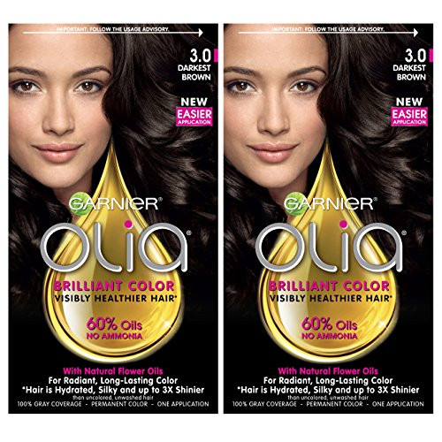 Garnier Olia Ammonia-Free Brilliant Color Oil-Rich Permanent Hair Color 3.0 Darkest Brown -Pack of 2- Brown Hair Dye