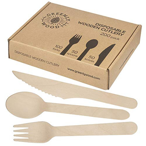 Greenly Wood 200 Pack Disposable Wooden Utensils Set - All Natural Birchwood Biodegradable Compostable Cutlery -100 Forks 50 Spoons 50 Knives-