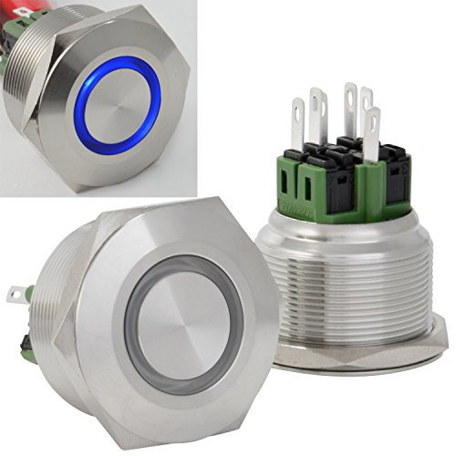 JacobsParts Latching Pushbutton ON-OFF Maintained Power Switch Circular Metal Silver with Blue LED fits 1-1-8" -28mm- Diameter Panel Cutout Hole