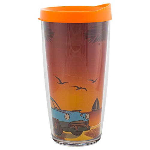 Woody Car on Beach Insulated 16 Oz Clear Travel Tumbler Mug with Orange Lid