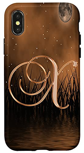 iPhone X-XS X Orange Night Dark Moon Stars Water Sky Initial Letter Name Case