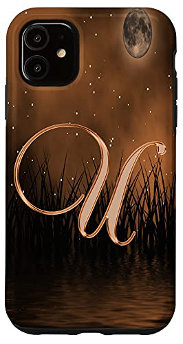 iPhone 11 U Orange Night Dark Moon Stars Water Sky Initial Letter Name Case