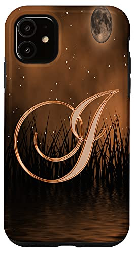 iPhone 11 I Orange Night Dark Moon Stars Water Sky Initial Letter Name Case
