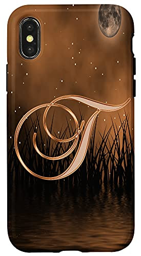 iPhone X-XS T Orange Night Dark Moon Stars Water Sky Initial Letter Name Case