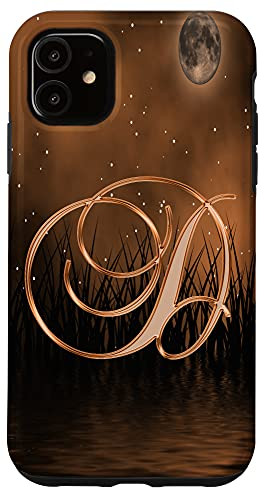 iPhone 11 D Orange Night Dark Moon Stars Water Sky Initial Letter Name Case