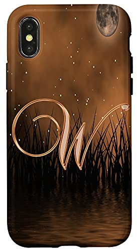iPhone X-XS W Orange Night Dark Moon Stars Water Sky Initial Letter Name Case
