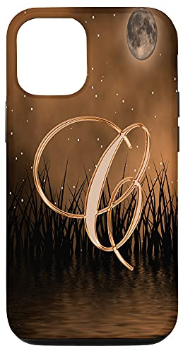 iPhone 12-12 Pro C Orange Night Dark Moon Stars Water Sky Initial Letter Name Case