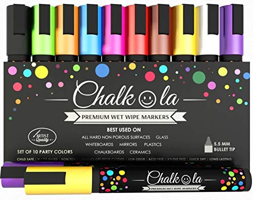 Chalkola Neon Chalk Markers - Pack of 10 Liquid Chalk Pens Used on Chalkboard Window Blackboard Cars Bistro - Erasable Wet erase marker 6mm Reversible Bullet  and  Chisel Tip