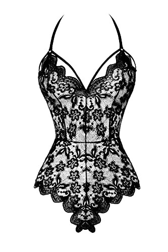FOIKISS Women's Sexy Eyelash Lace Bodysuit Snap Crotch Teddy Lingerie Black