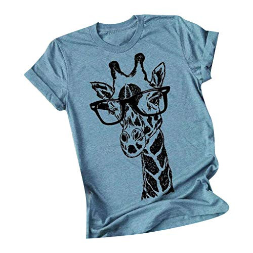 ESKNAS Womens T-Shirts Summer Glasses Giraffe Print Short Sleeve Tee Casual O-Neck Tunic Tops Blouse-BlueM-