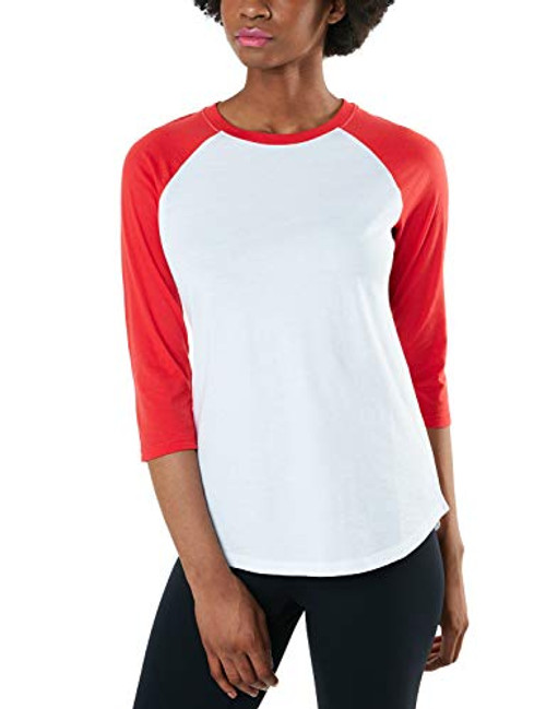 TSLA Women's 3-4 Sleeve Baseball Jersey Shirts Casual Dynamic Cotton T-Shirt Quarter Sleeve Raglan Tops Dyna Cotton 3-4 Sleeve-fts32- - White  and  Red X-Small